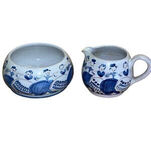 Hand Painted Blue & White Dutch Maidens Creamer and Sugar Bowl Set Artist Signed
